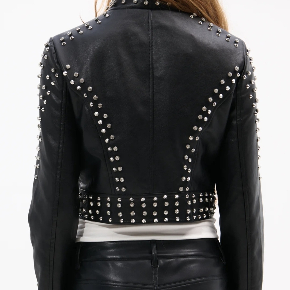 Women's Black Studded w/ Diamonds Leather Jacket - Elevated Moto Style - Picture 3 of 4